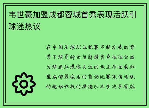 韦世豪加盟成都蓉城首秀表现活跃引球迷热议